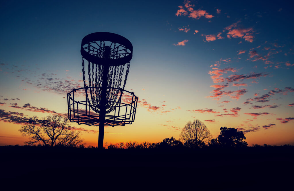 disc golf basket at night